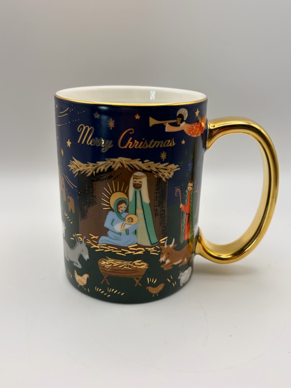 Rifle Paper Co Nativity Scene Porcelain Mug Gold Christmas Holiday Coffee EUC